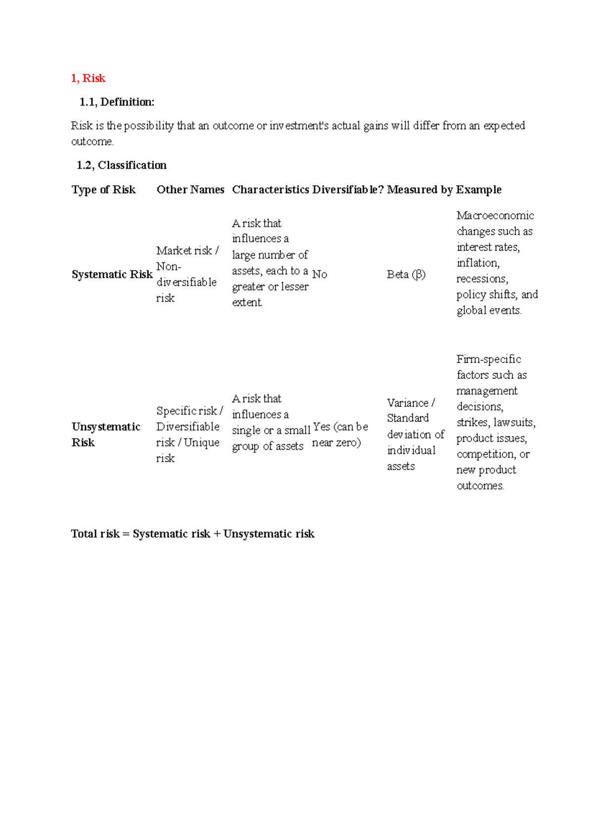 FIN 101 - Risk Analysis: Understanding Risk Types and Returns - Studocu