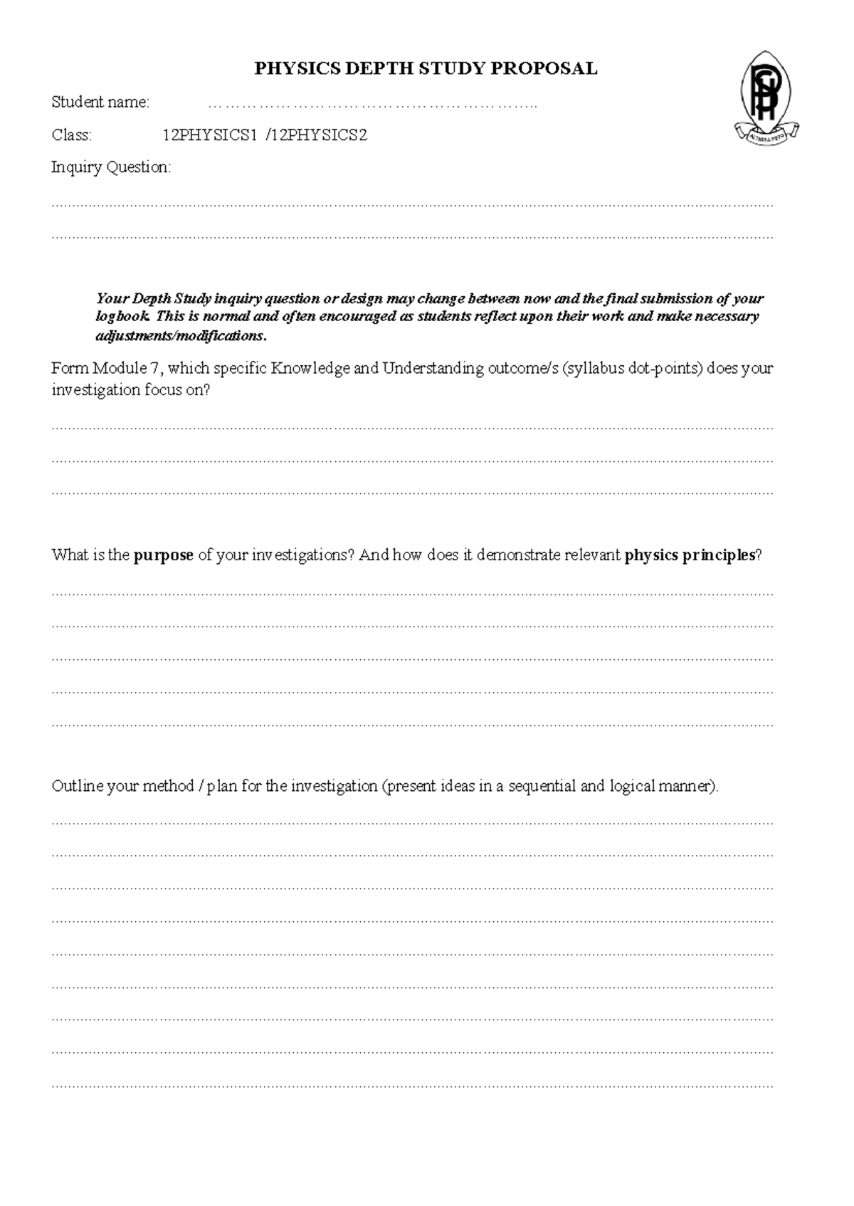 2. 2025 - HSC Physics Depth Study Proposal FORM - PHYSICS DEPTH STUDY ...