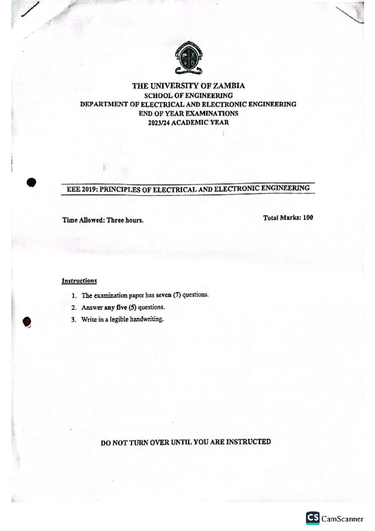 EEE 2019 Final Exam: Principles of Electrical & Electronic Eng. - Studocu