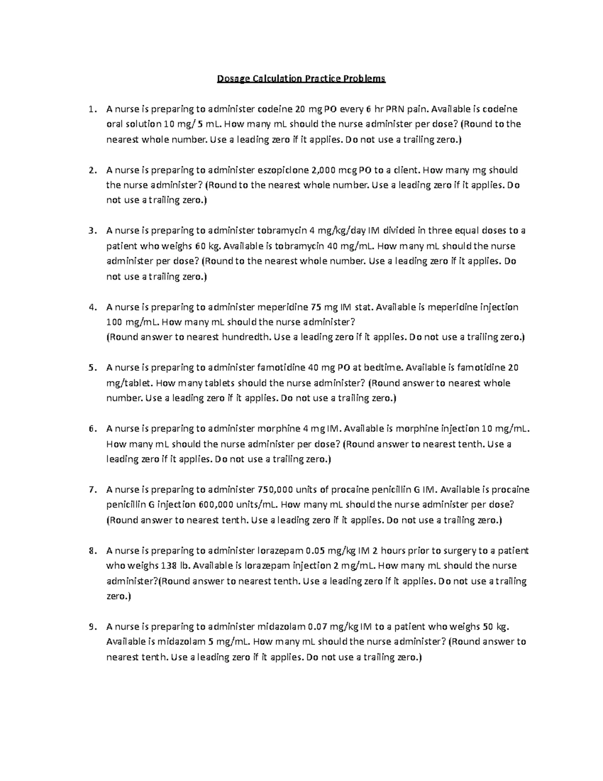 Practice Dosage Calc - N/A - Practice Dosage Calculations for NUR Order ...