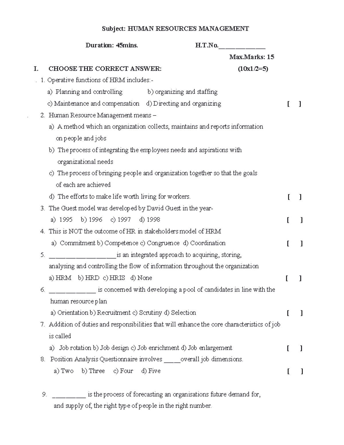 HRM 101: Human Resources Management Quiz Questions - Studocu