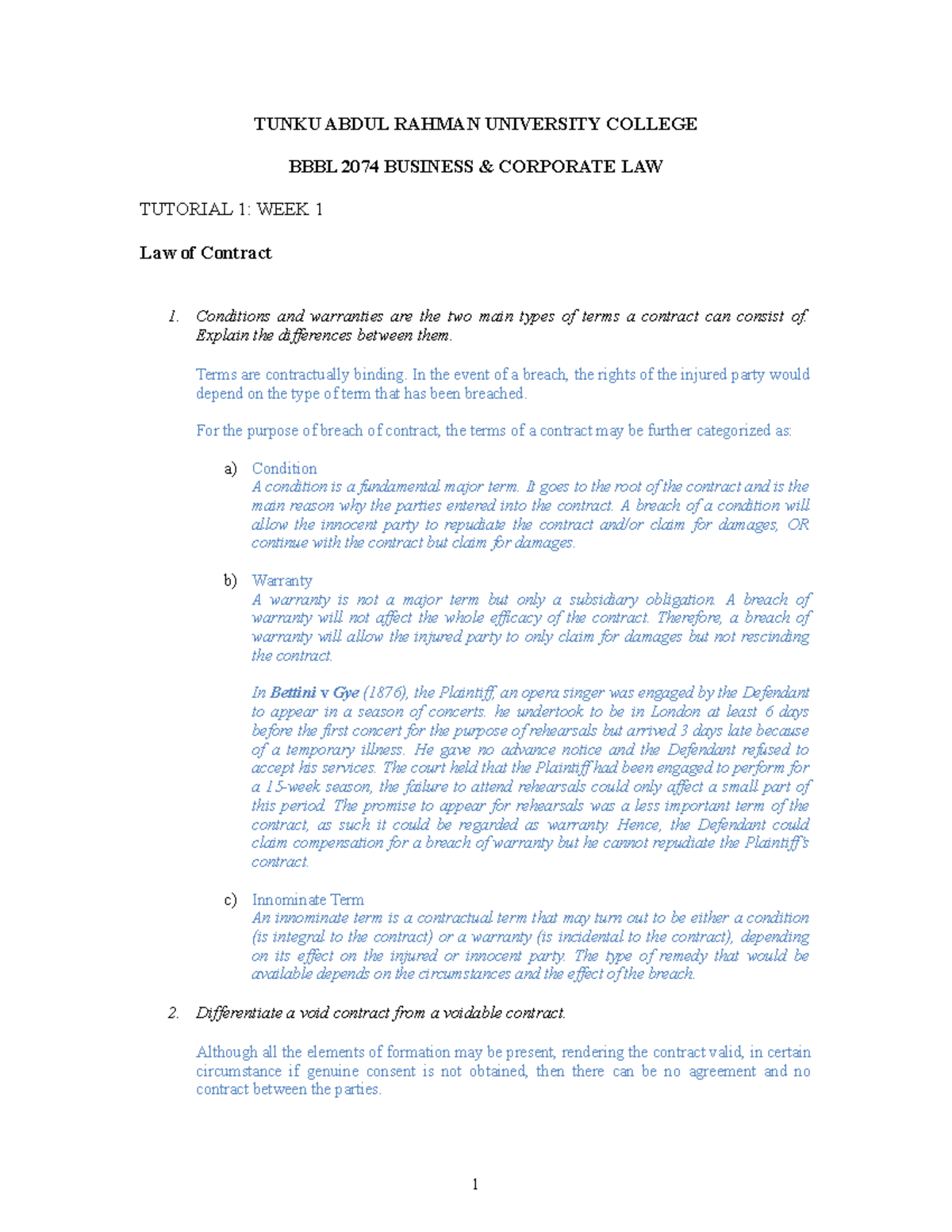 BBBL 2074 Tutorial 1: Understanding the Law of Contract - Studocu