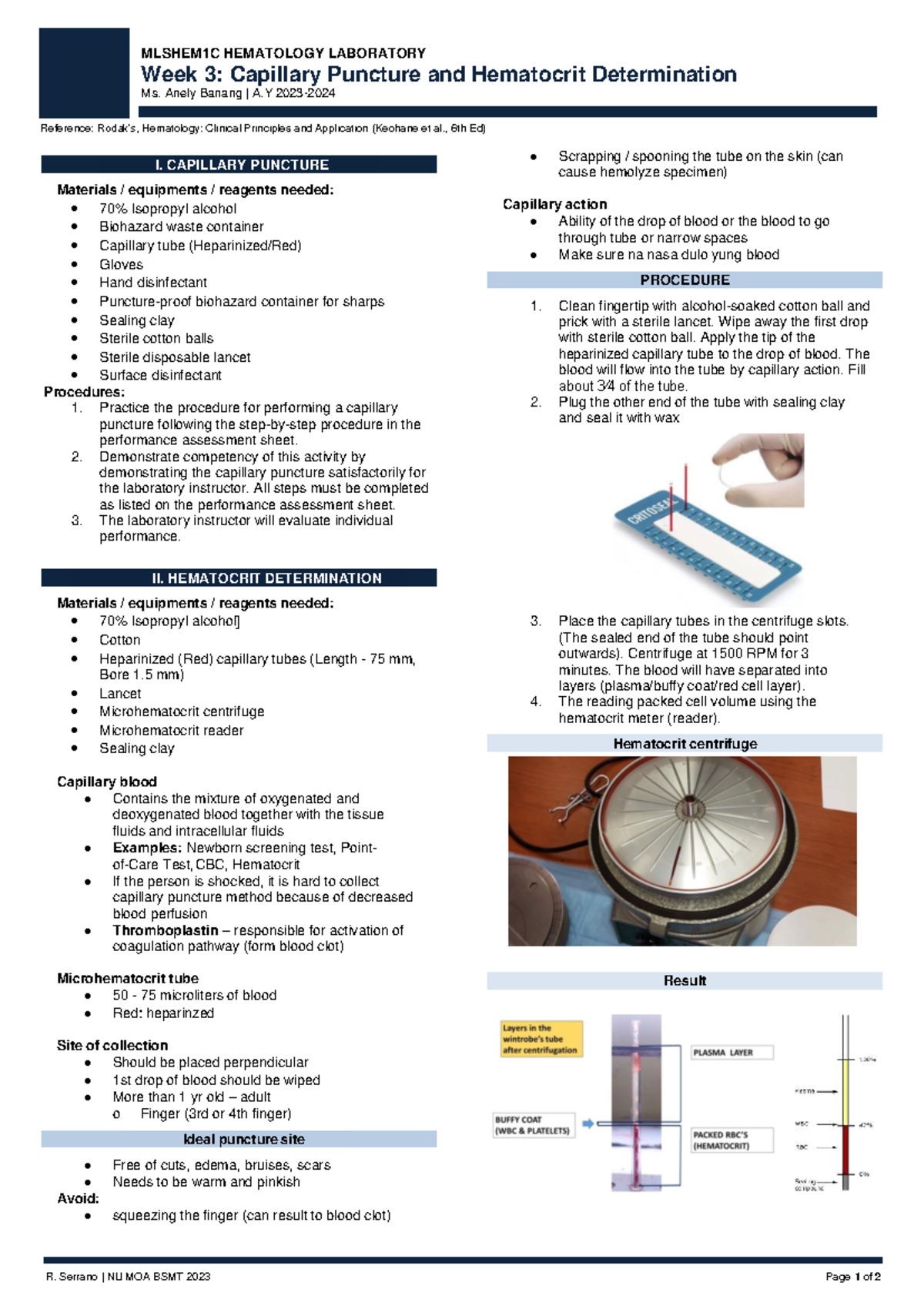 MLSHEM1C Hematology Lab Week 3: Capillary Puncture & Hematocrit - Studocu