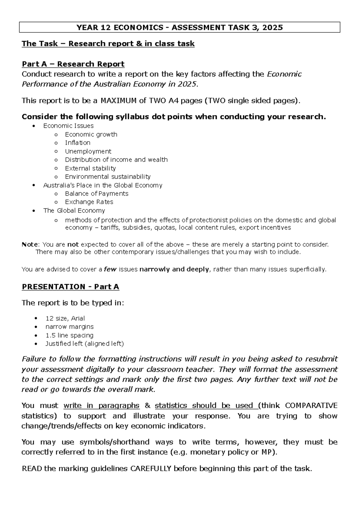 YEAR 12 ECONOMICS ASSESSMENT TASK 3: Research Report on Australia's ...