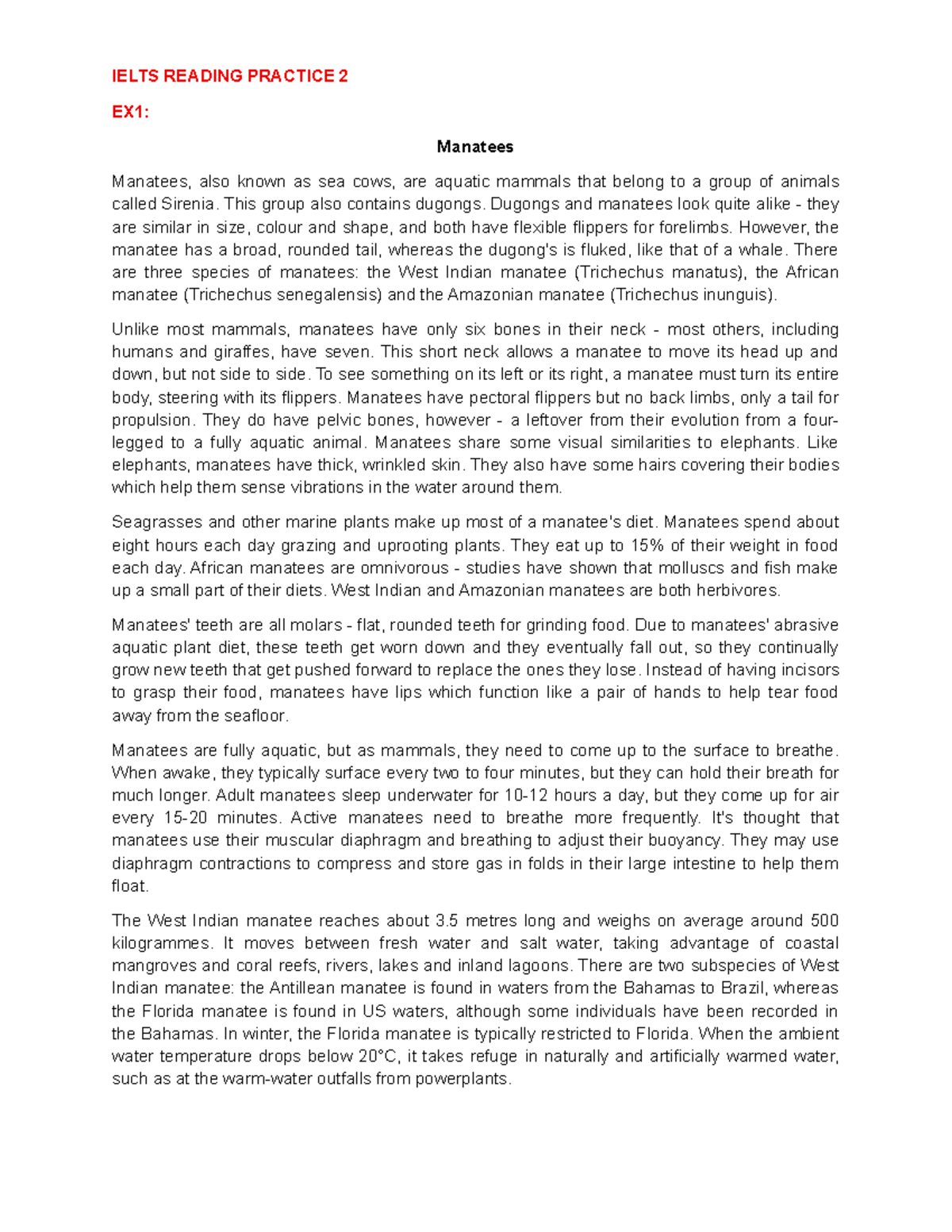 IELTS Reading Practice 2: Understanding Manatees and Procrastination ...