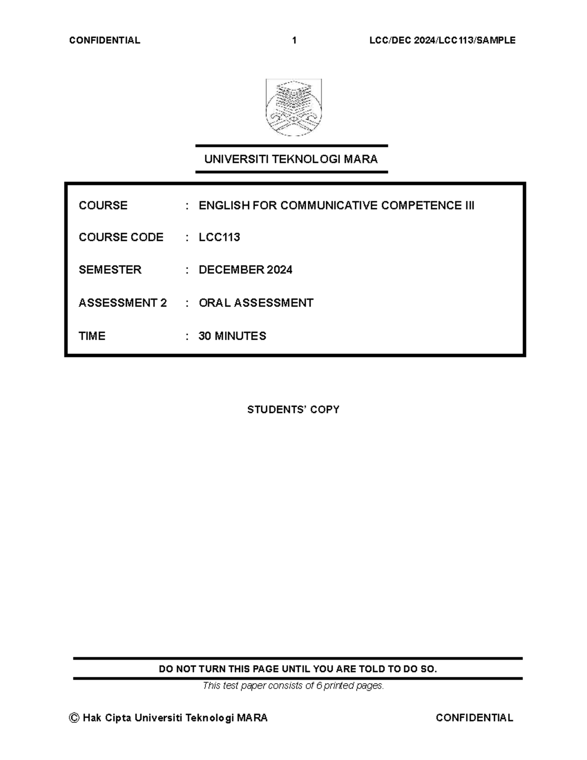 LCC Oral Assessment Sample for Communicative Competence III - Studocu