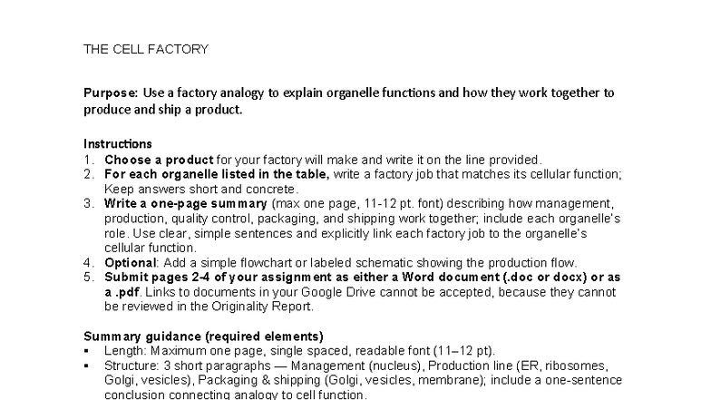 The Cell Factory: Organelle Functions Explained - Studocu
