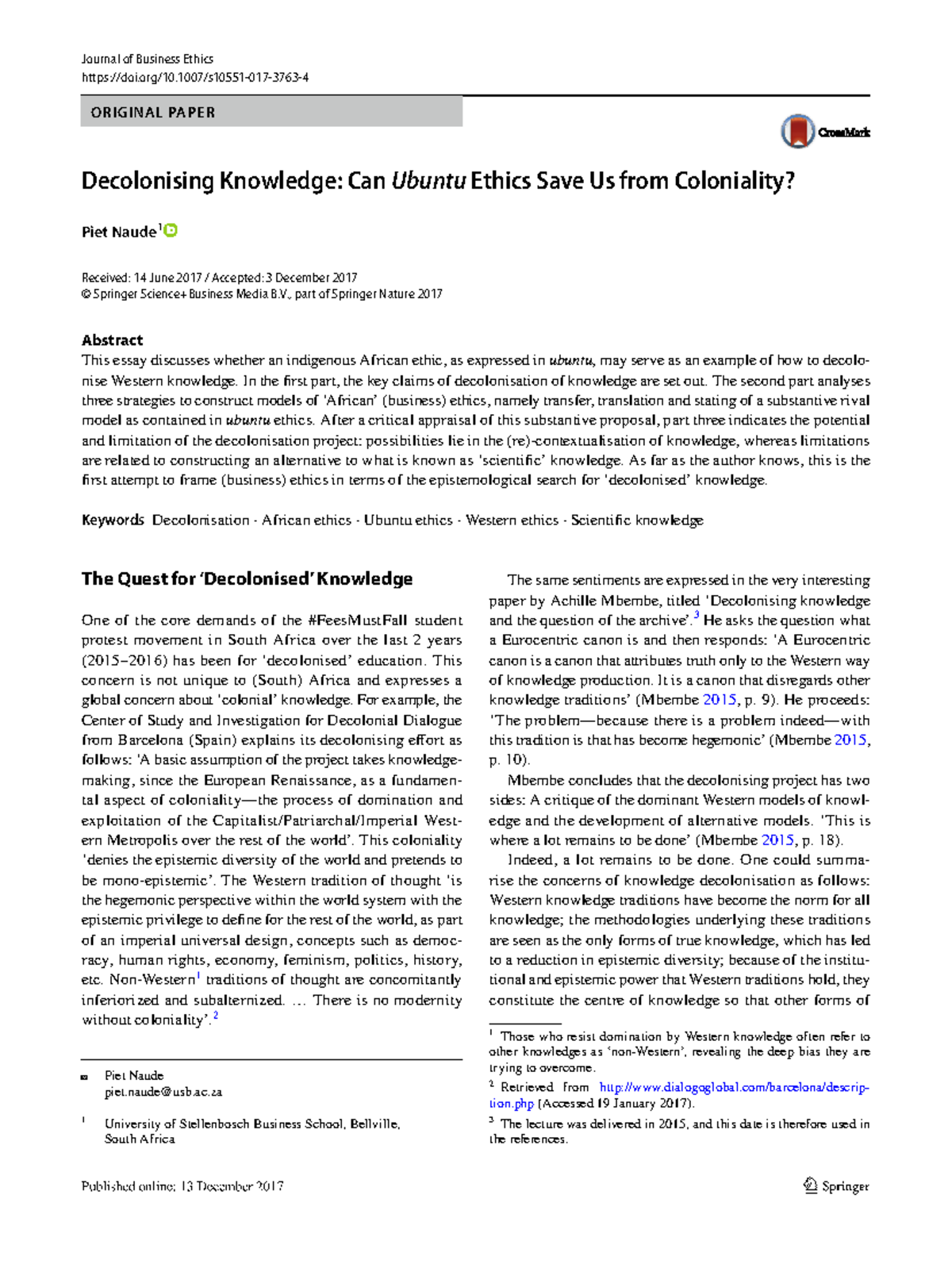 Decolonising Knowledge: Ubuntu Ethics and the Challenge of Coloniality ...