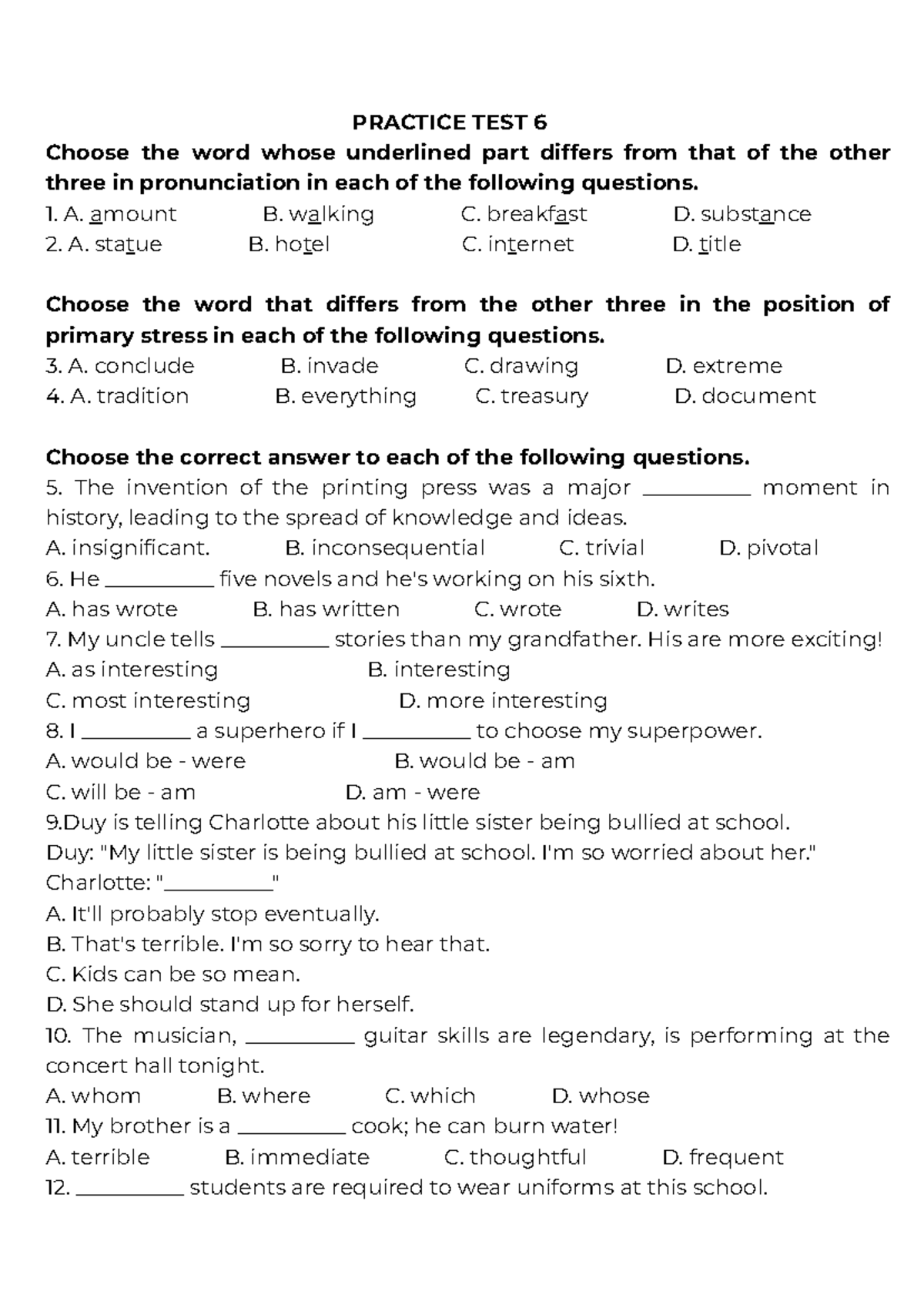 PRACTICE TEST 6: Pronunciation & Stress Questions for Ages 13-15 - Studocu