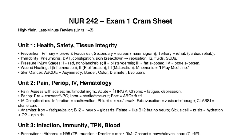 NUR 242 Exam 1 Cram Sheet: Key Concepts & Mnemonics Review - Studocu