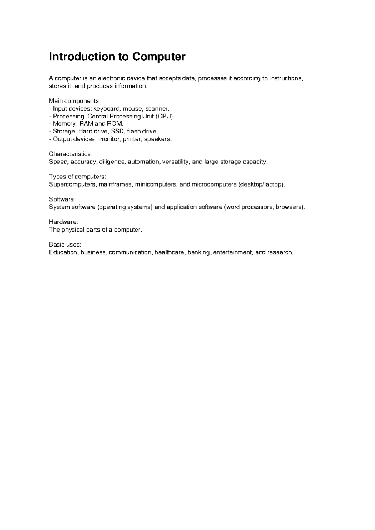 Introduction to Computer Notes - Introduction to Computer A computer is ...