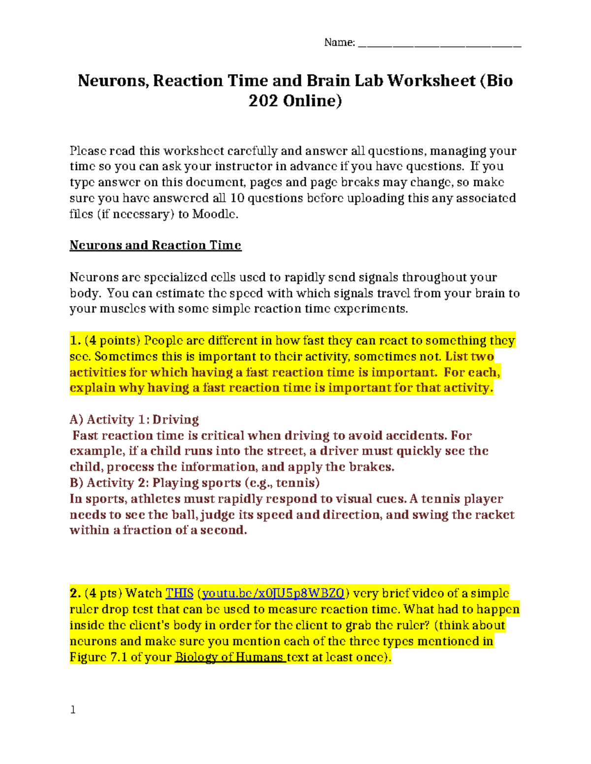 Neurons, Reaction Time & Brain Lab Worksheet (Bio 202 Online) - Studocu