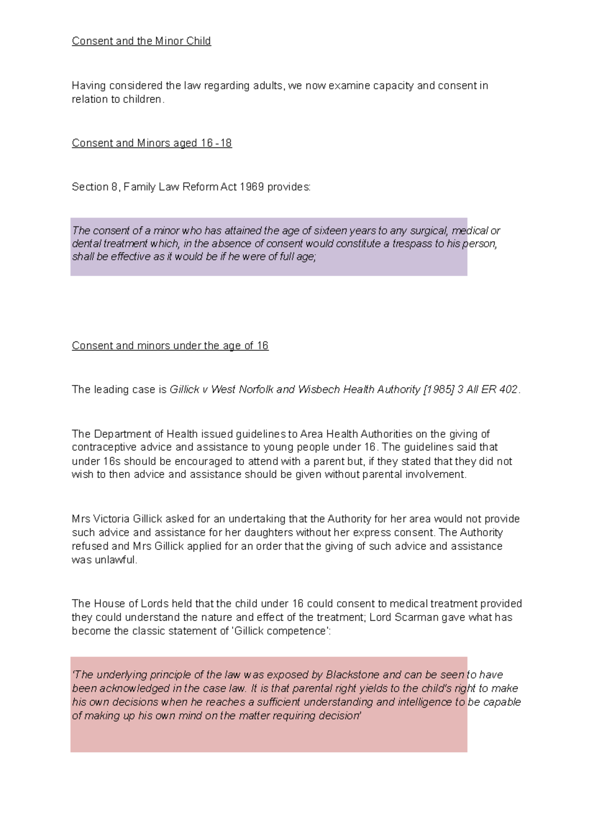 Understanding Consent for Minors: Legal Principles and Cases - Studocu