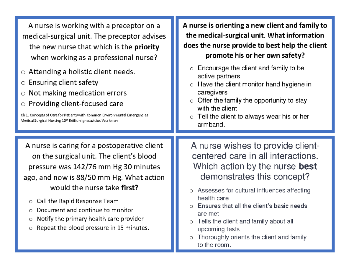 Chapter 1Text Bank Questions Ignatavicius 10th - ####### A nurse is ...