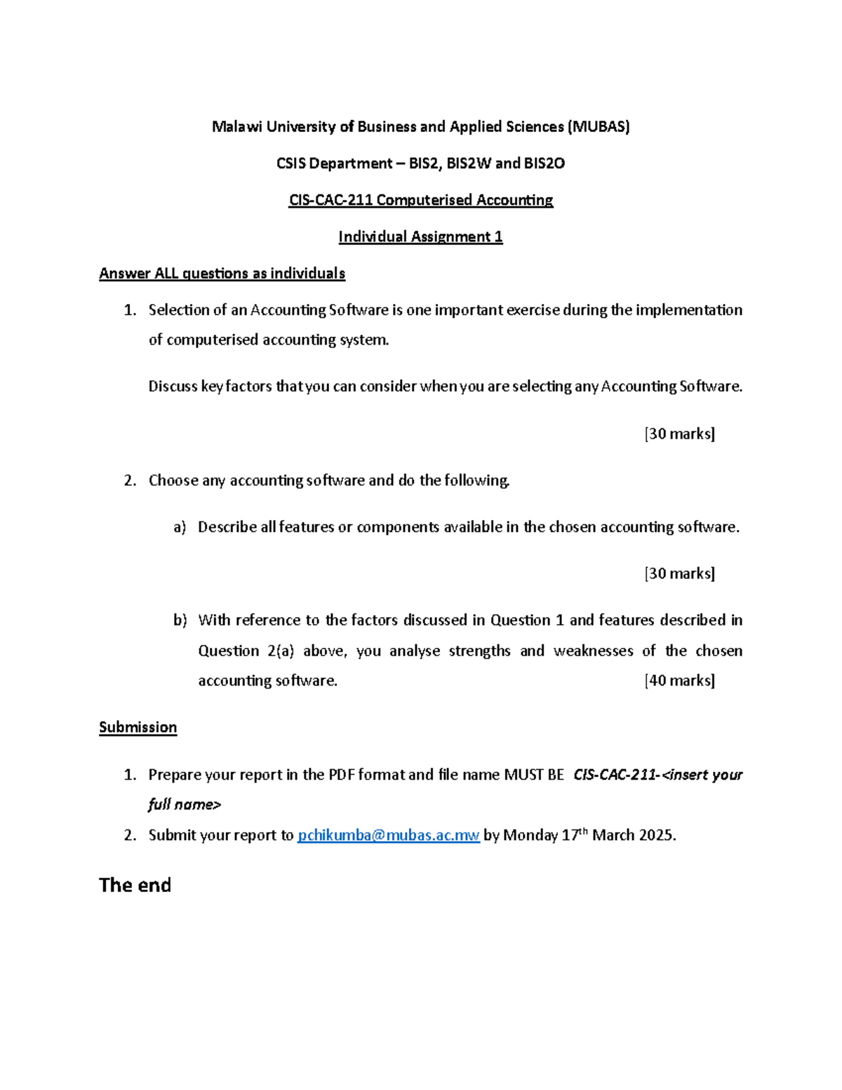 BIS2 CAC 211 Individual Assignment 1 - Malawi University of Business ...