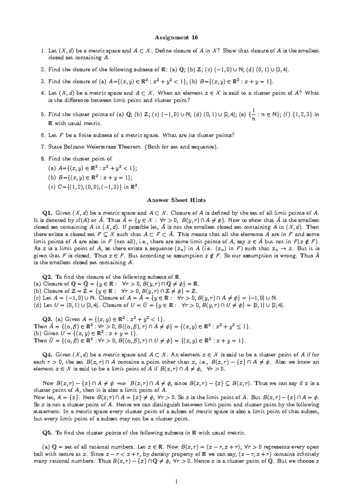 Assignment 16: Closure and Cluster Points in Metric Spaces - Studocu
