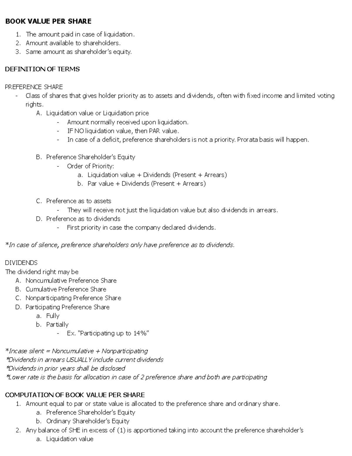 AE 210 - Book Value Per Share and Preference Shares Overview - Studocu