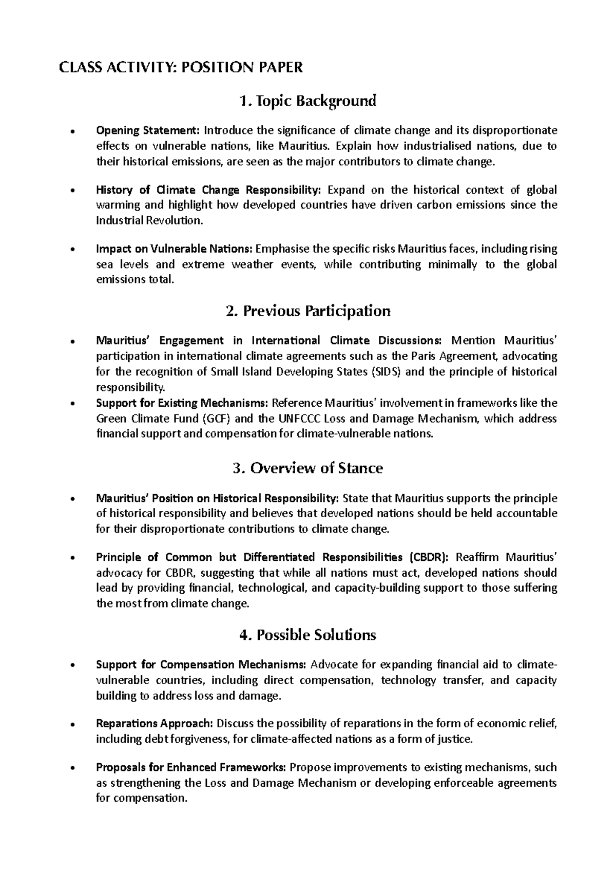 Climate Change Responsibility: Mauritius' Position Paper (CLASS ...