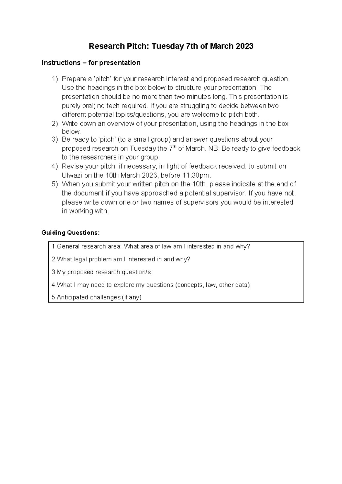 RESEARCH PITCH PRESENTATION INSTRUCTIONS - MARCH 2023 - Studocu