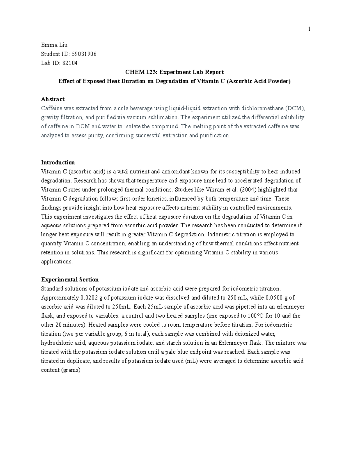 CHEM 123: Lab Report on Heat Exposure Effects on Vitamin C Degradation ...