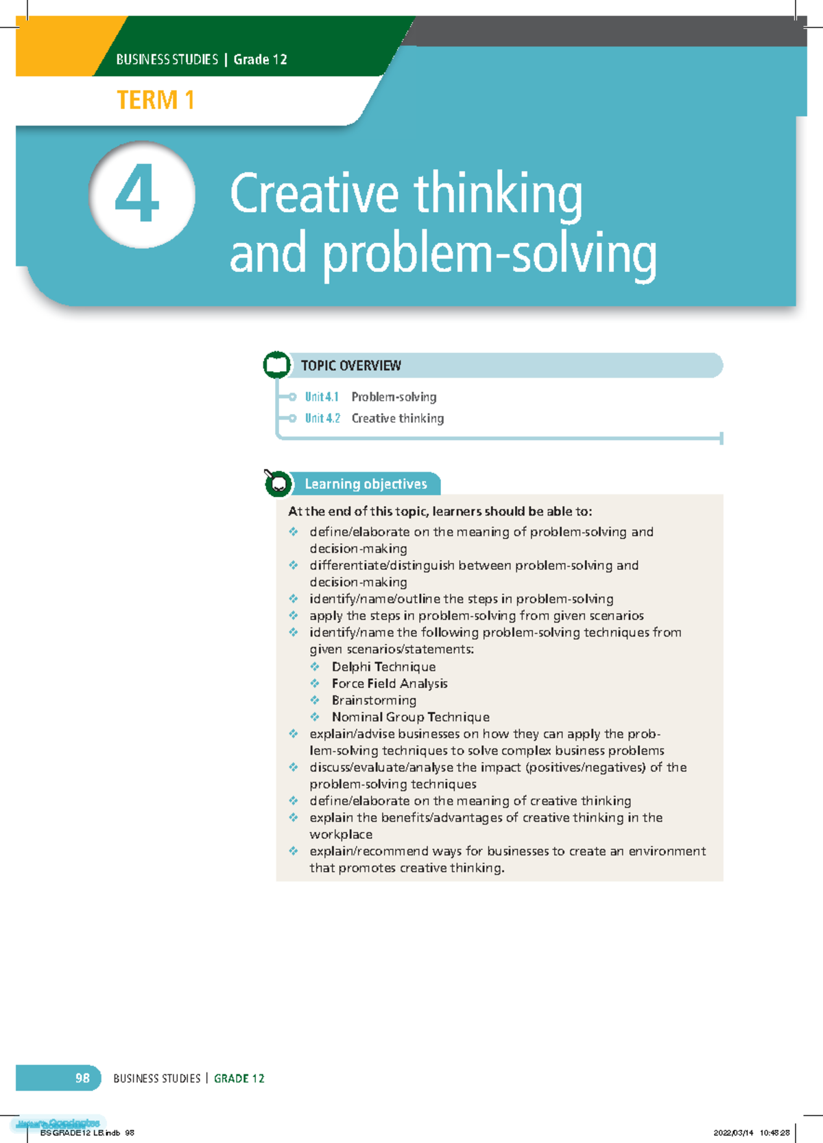 BUSINESS STUDIES GRADE 12 TERM 1: Creative Thinking & Problem Solving ...