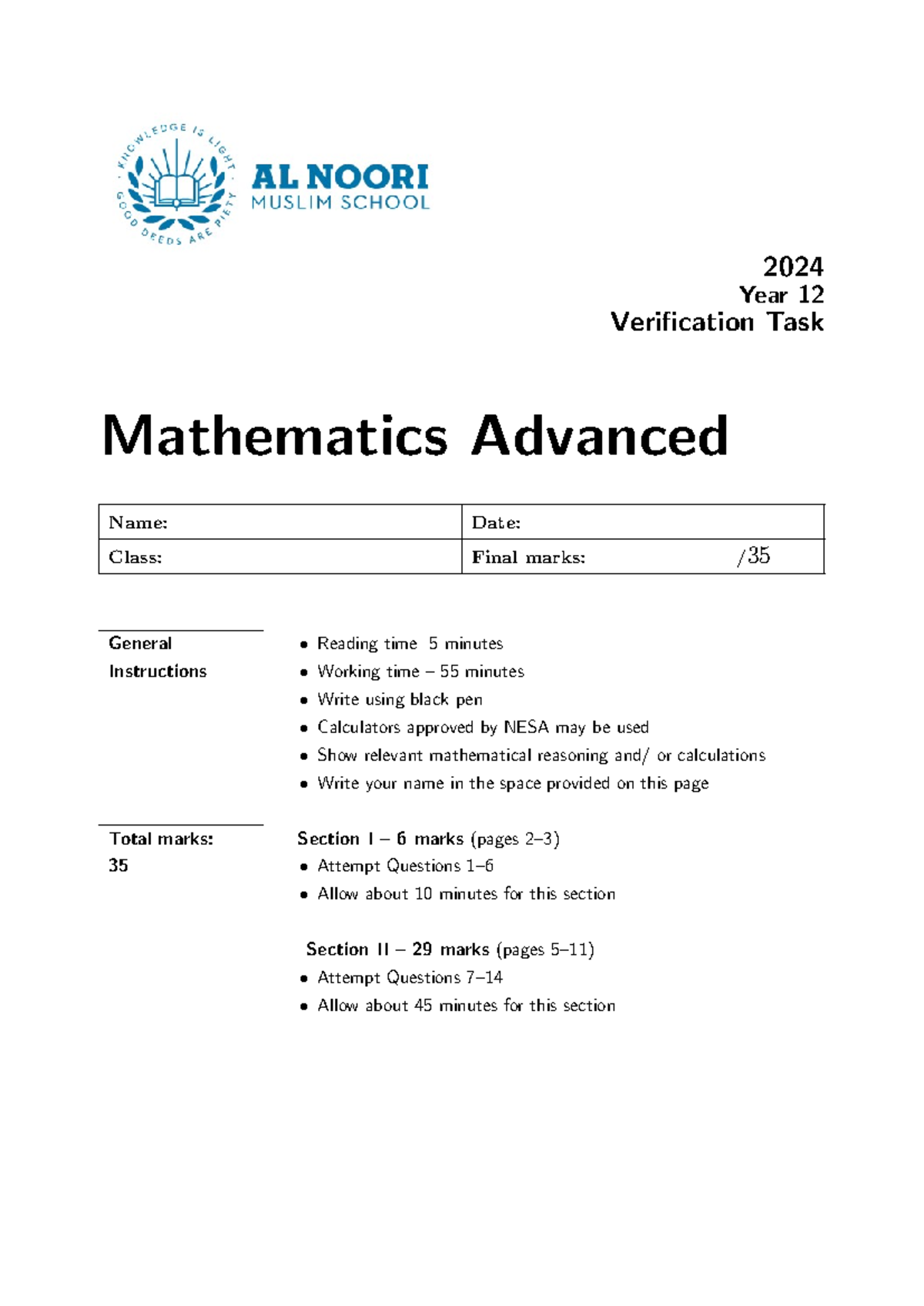 Mathematics Advanced Year 12 Verification Exam 2024 - Studocu