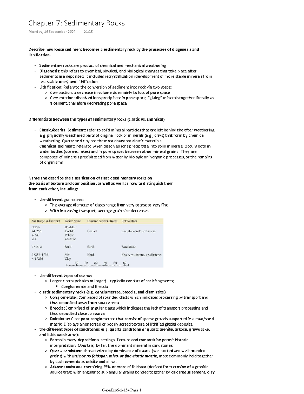 Geoa Env Sci-154 - Sedementary Rocks - Describe how loose sediment ...
