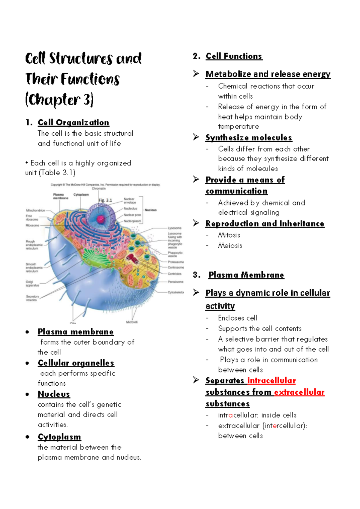 Cell Structures & Functions: CHAP 3 Notes Overview and Key Concepts ...