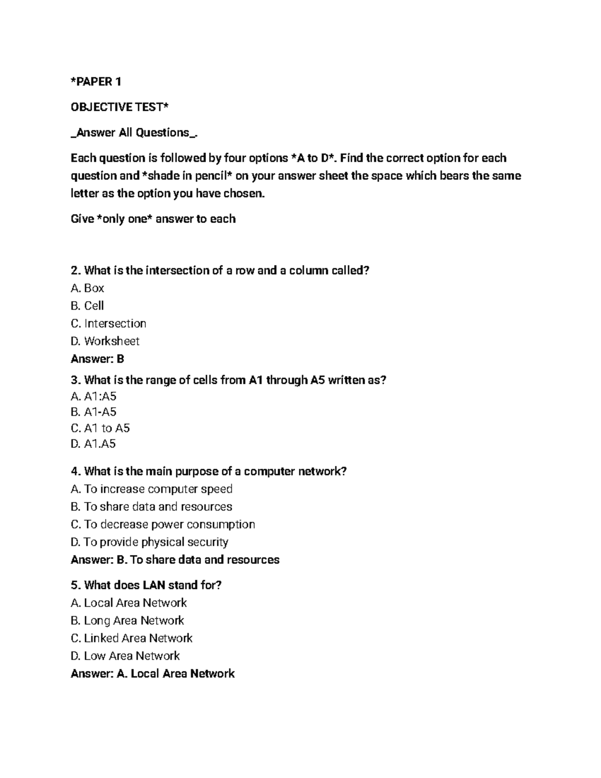 1 OBJECTIVE _Answer All Questions_ - Quiz on Computer Networks - Studocu
