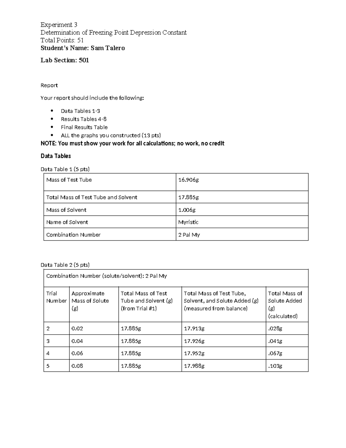 Chem Lab 110: Experiment 3 - Freezing Point Depression Constant Report ...