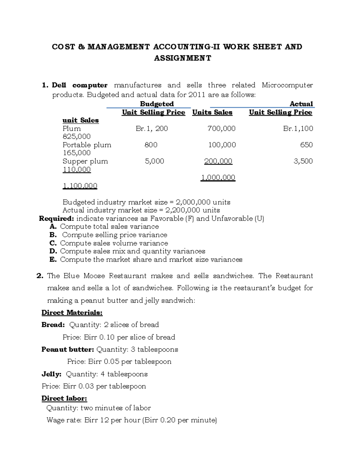 CMA II Cost Variance Assessment and Management Assignment - Studocu