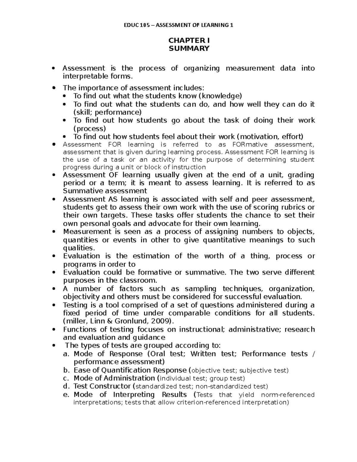 EDUC 105 – Assessment of Learning 1: Chapter I Summary - Studocu