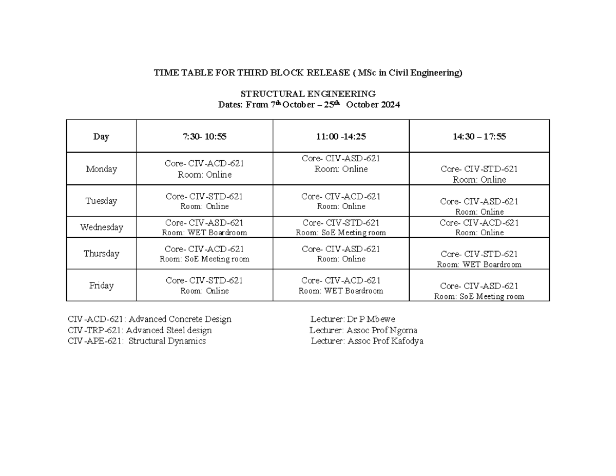 Timetable Structural Engineering - TIME TABLE FOR THIRD BLOCK RELEASE ...