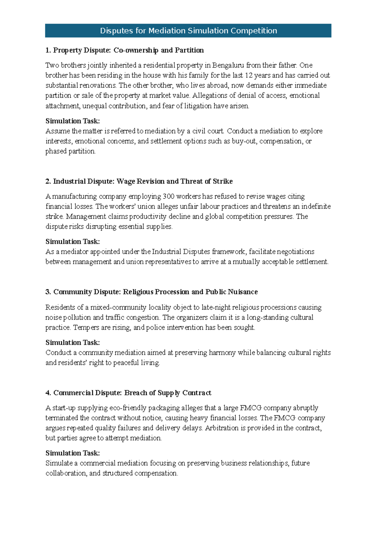 Disputes for Mediation Simulation Competition: Case Studies and Tasks ...