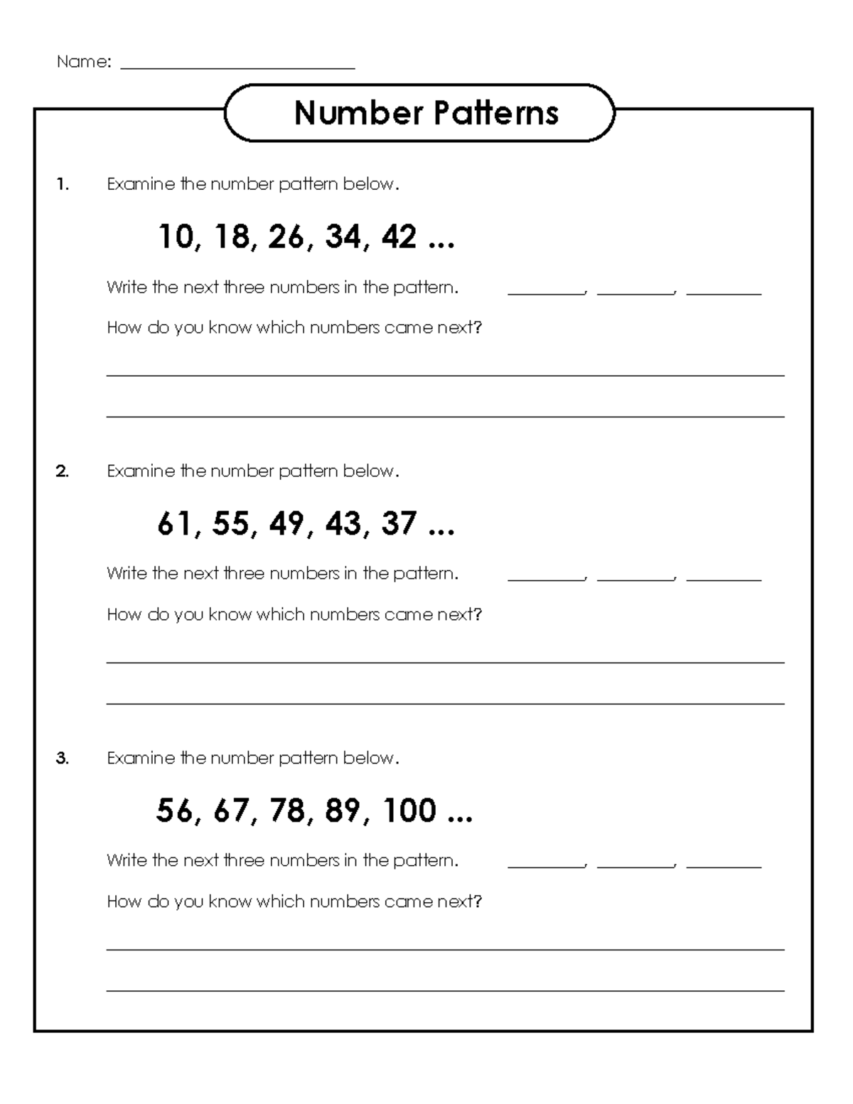 Number Patterns Practice - P - Exercises and Answer Key - Studocu
