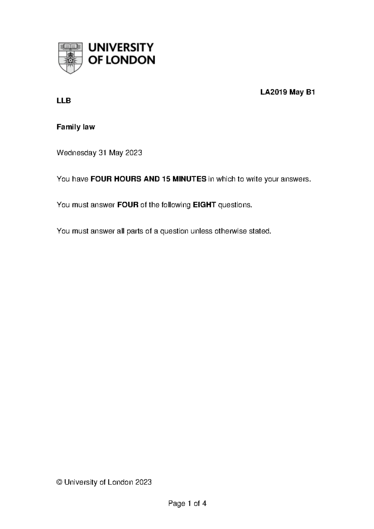 LA2019 Family Law Final Exam Questions - May 31, 2023 - Studocu