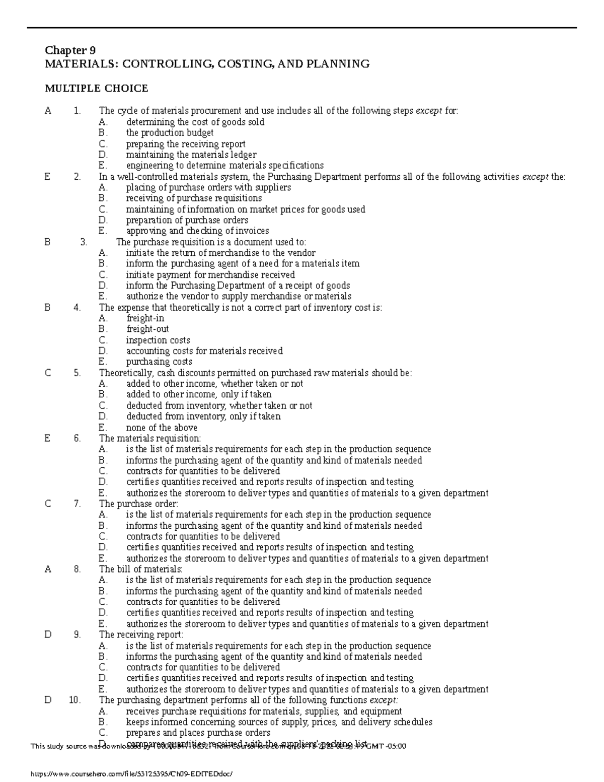 Ch09 Edited - Gello - Chapter 9 MATERIALS: CONTROLLING, COSTING, AND ...