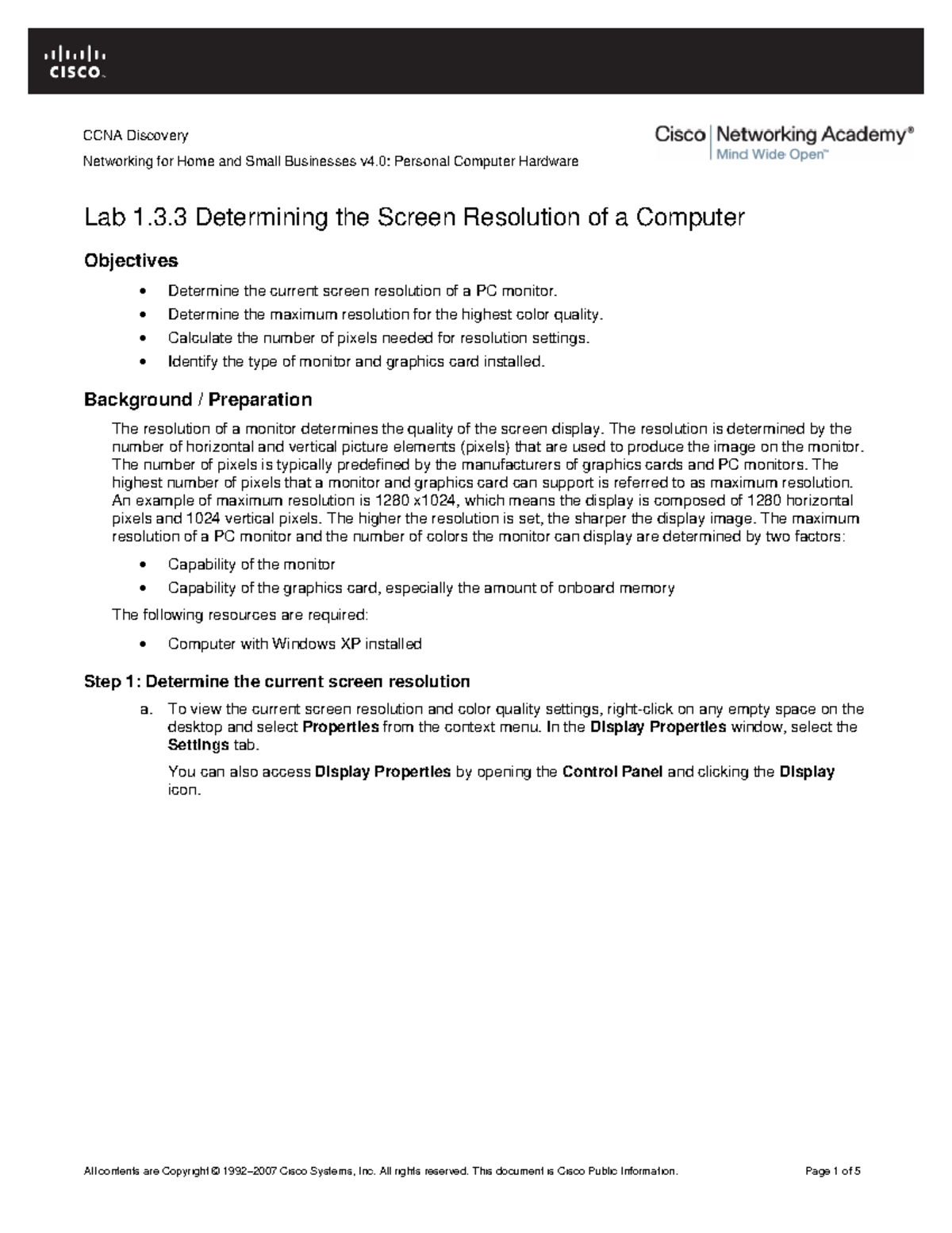 Lab 1.3.3: Determining Computer Screen Resolution and Quality Settings ...