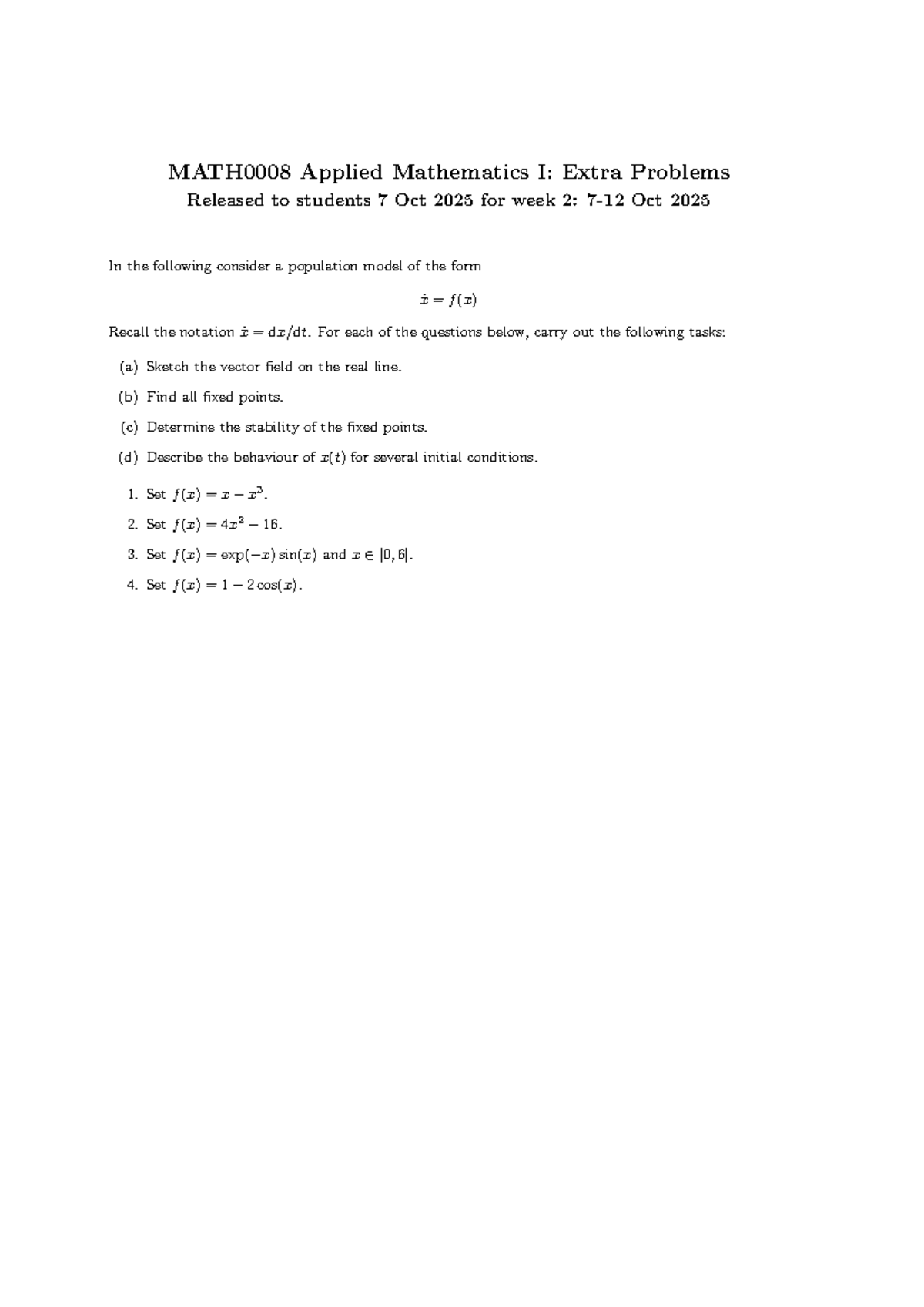 Applied Mathematics I: Week 2 Extra Problems on Population Models - Studocu