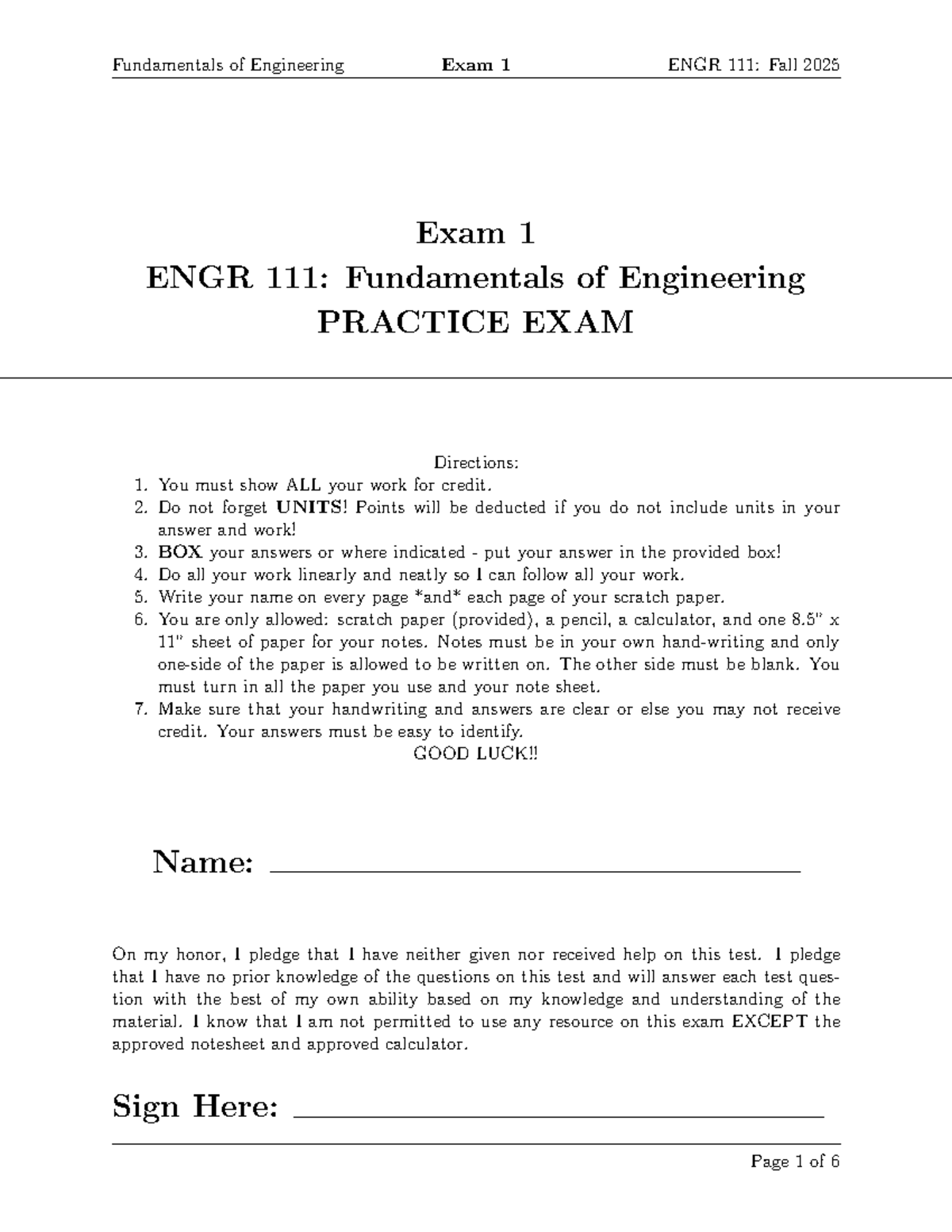 Fundamentals of Engineering Exam 1 ENGR 111: Fall 2025 Practice Exam ...