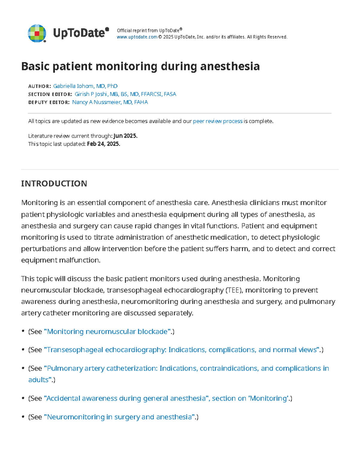 Basic Patient Monitoring During Anesthesia ANES 2025 Guide Studocu