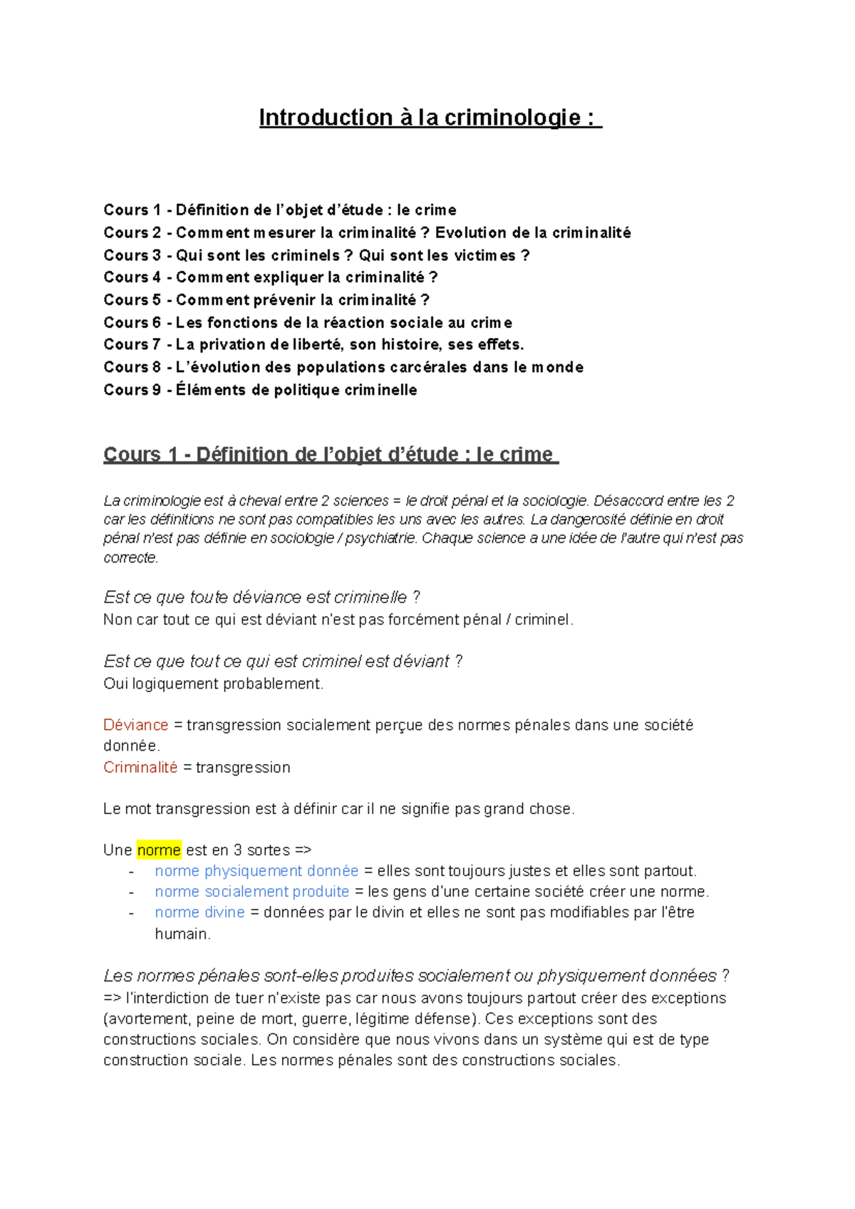 Introduction à la criminologie Cours 1 à 7 Concepts et enjeux Studocu — free download