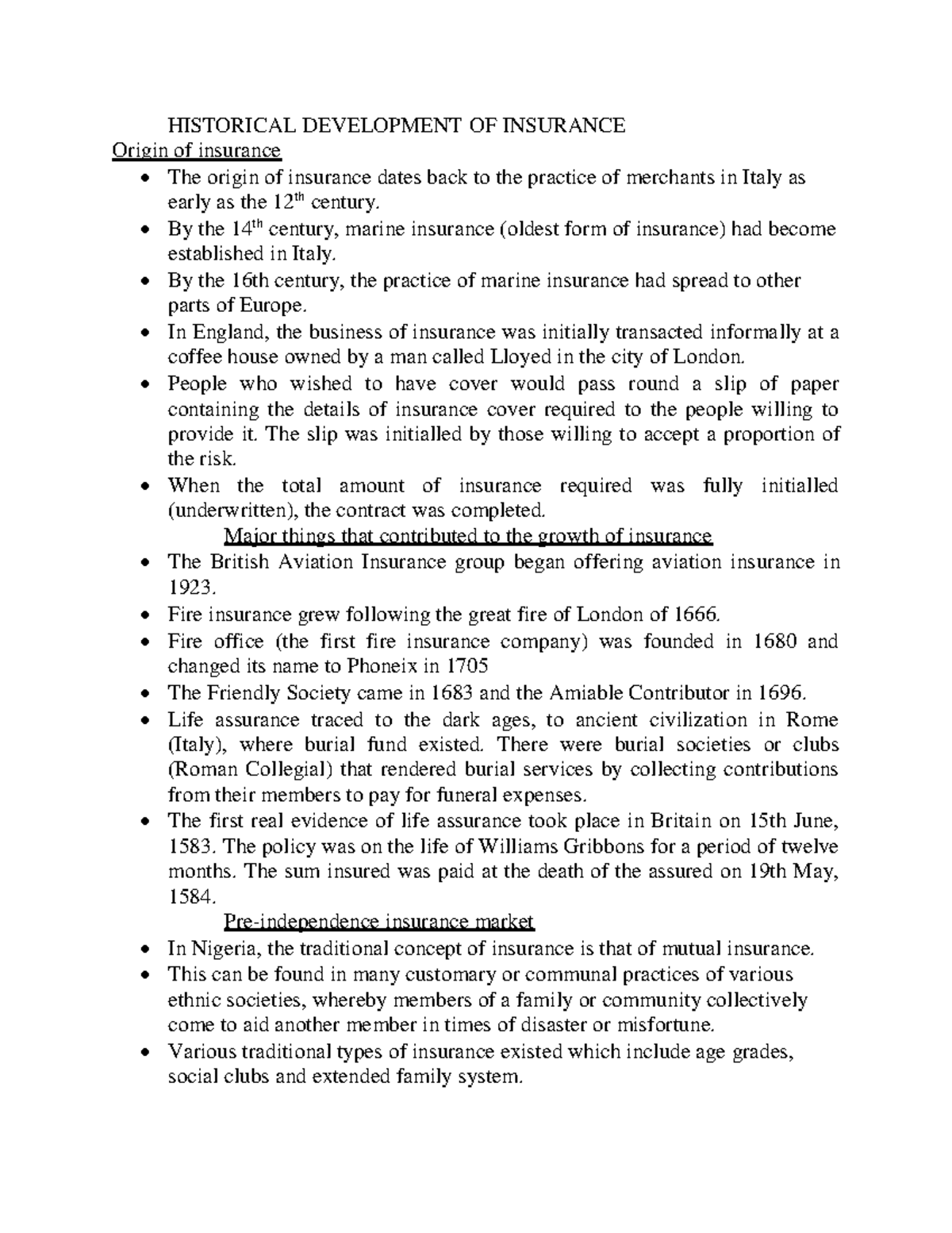 HIST 18113: Historical Development of Insurance Overview - Studocu