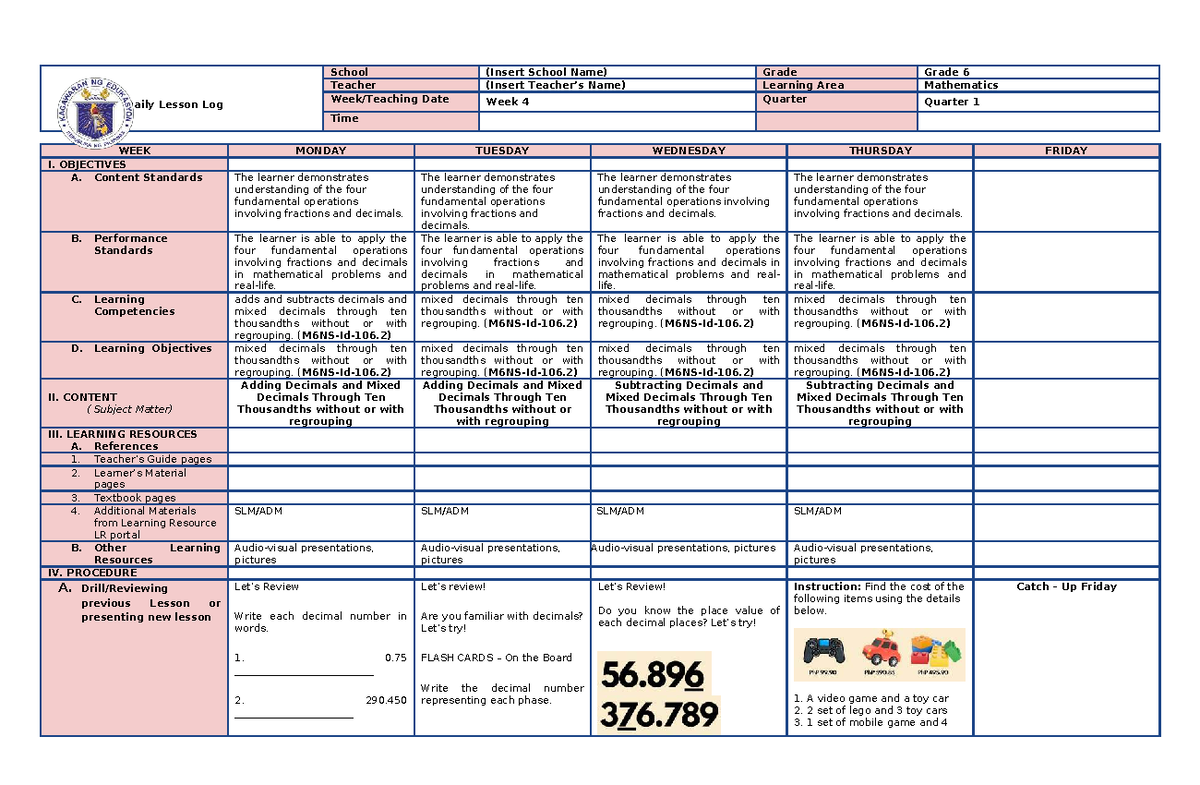 DLL Math6 W4 Q1 - Daily Lesson Log for Grade 6 Mathematics - Studocu
