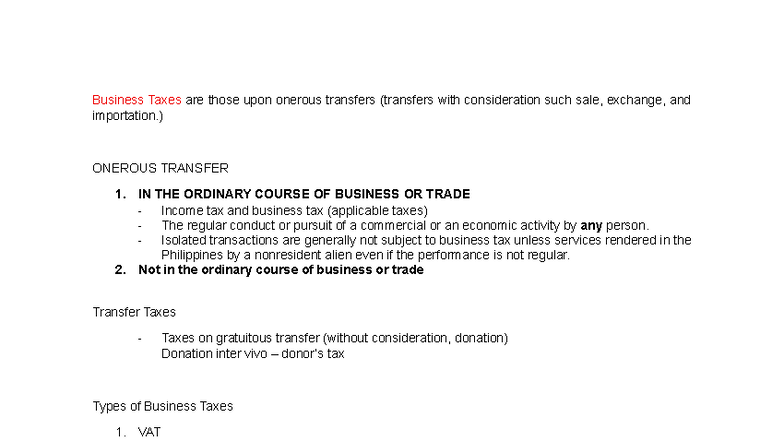 Business Tax Notes (Course Code: BT101) - Overview and Key Concepts ...