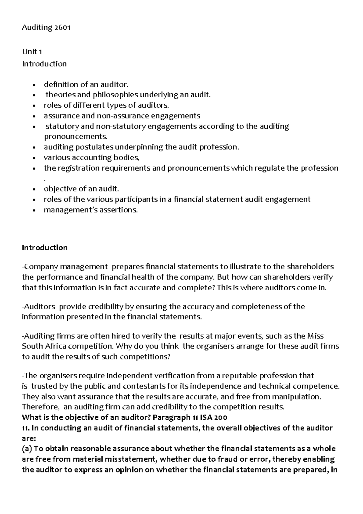 Auditing 2601 Final Exam Notes: Introduction to Auditors and Their ...
