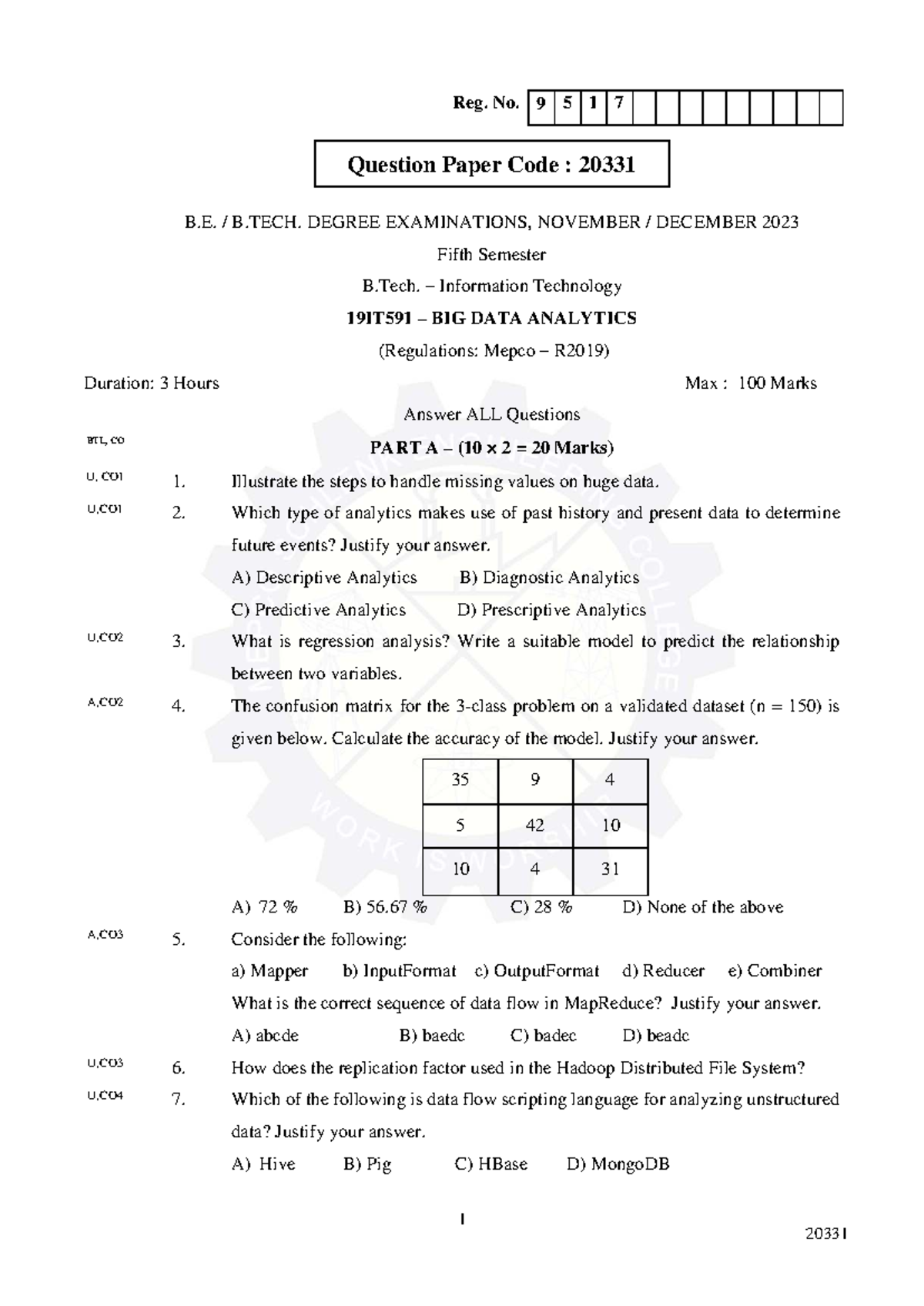 BDA2 - Big Data Analytics Exam Paper 20331, Nov-Dec 2023 - Studocu