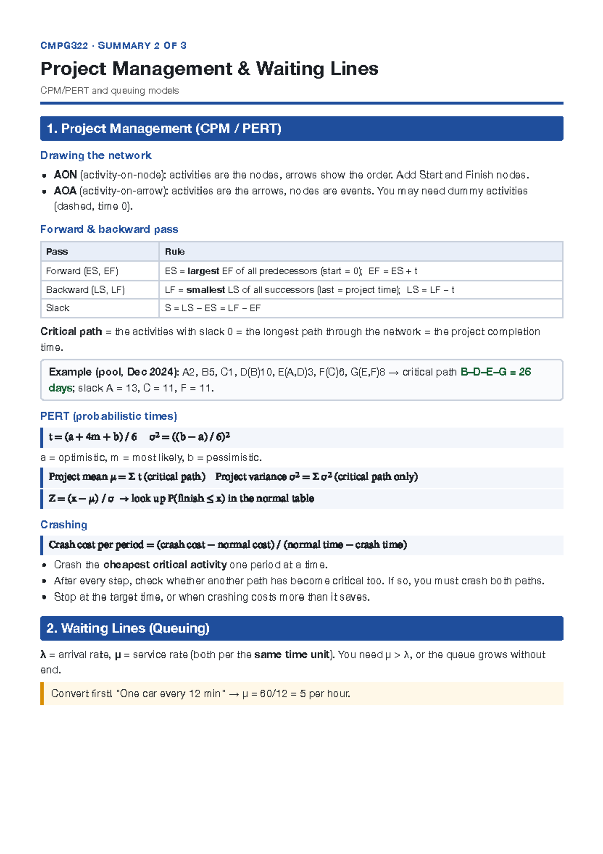 CMPG322 Summary 2: Project Management & Queuing Models - Studocu
