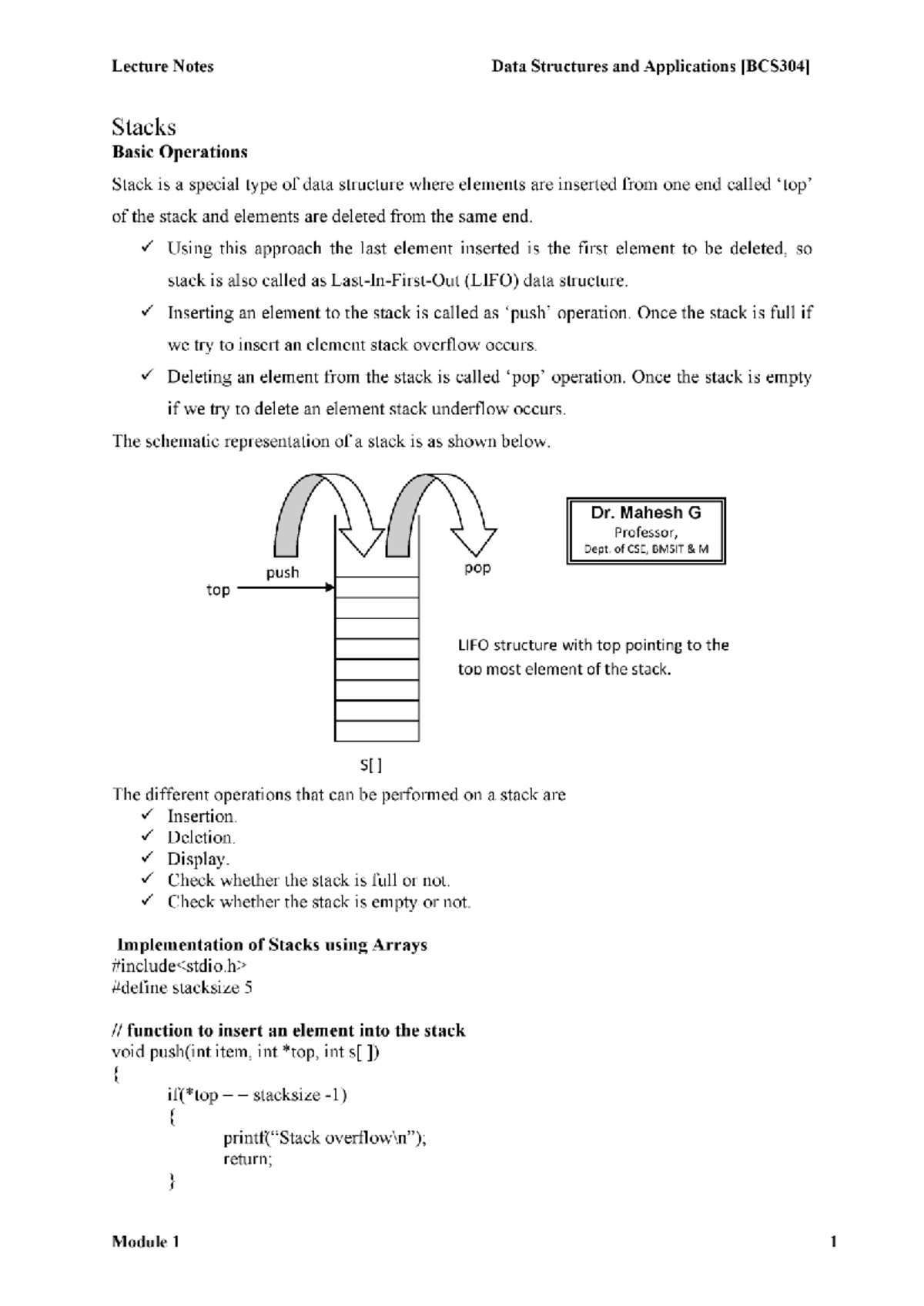 Lecture Notes DSA Module-1: Stacks & Basic Operations - Studocu