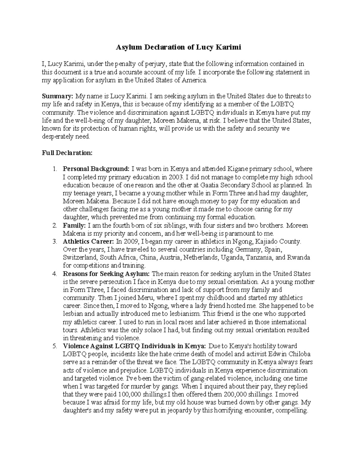 Asylum Declaration of Lucy Karimi - I incorporate the following ...